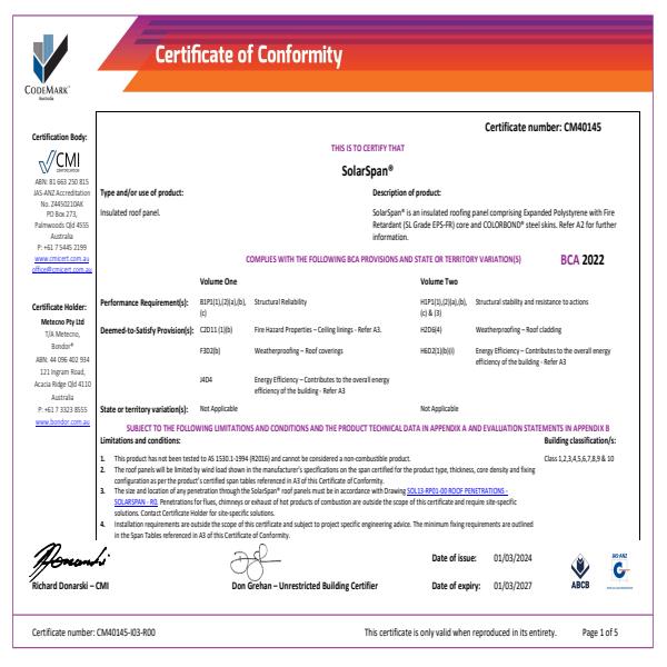 SolarSpan CodeMark Certificate 