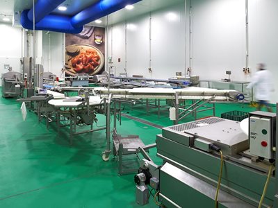 Interior of food processing factory with green food grade flooring