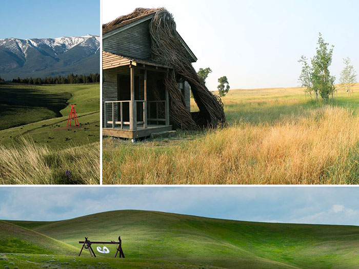 Collage of outdoor rural images of Tippet Rise Art Center