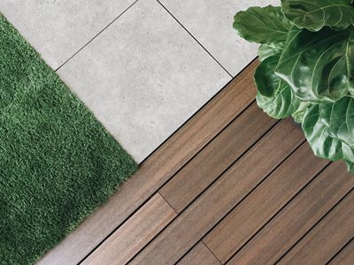 Detailed product image of outdoor turf tiles and decking