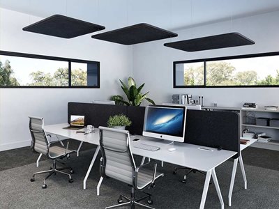 Office interior of workstations with acoustic screens