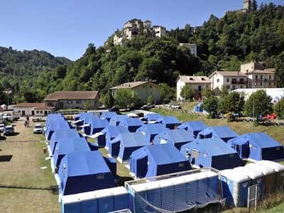 Tent camp in Arquata del Tronto for people displaced by the earthquake (Photograph: Cristiano Chiodi/EPA)
