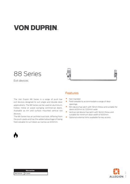 Von Duprin 88 Series Exit Devices Product Catalogue 