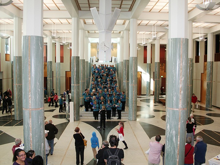 &nbsp;

The famous marble foyer at Parliament House in Canberra features 48 marble columns that evoke the muted pinks and greens of the Australian landscape as well as the colours of the two Parliamentary Chambers
