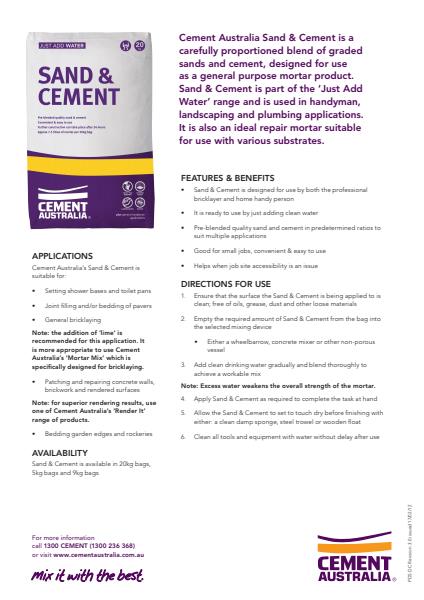 Sand & Cement Product Data Sheet