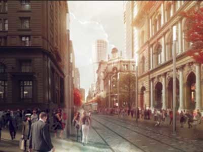 The City of Sydney’s George Street Concept Design – George Street and Barrack Street. Artist Impression by Doug and Wolf (2013)