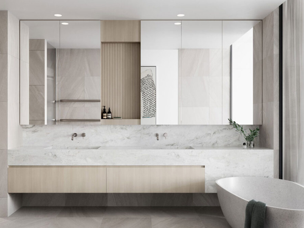 Custom Corian® vanities and integrated Corian® washbasins redefine bathroom aesthetics