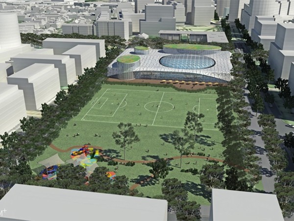 Indicative site layout and built form - proposed site layout of the aquatic centre and Gunyama Park site looking west. Image: City of Sydney.