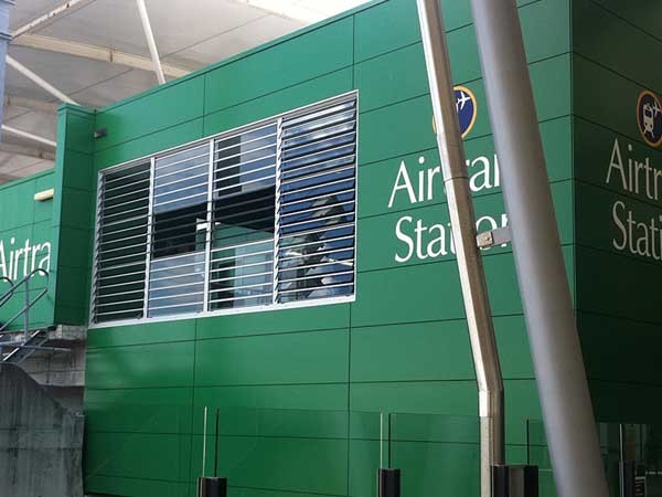 The Airtrain station building at Brisbane Airport featuring Safetyline Jalousie louvre windows
