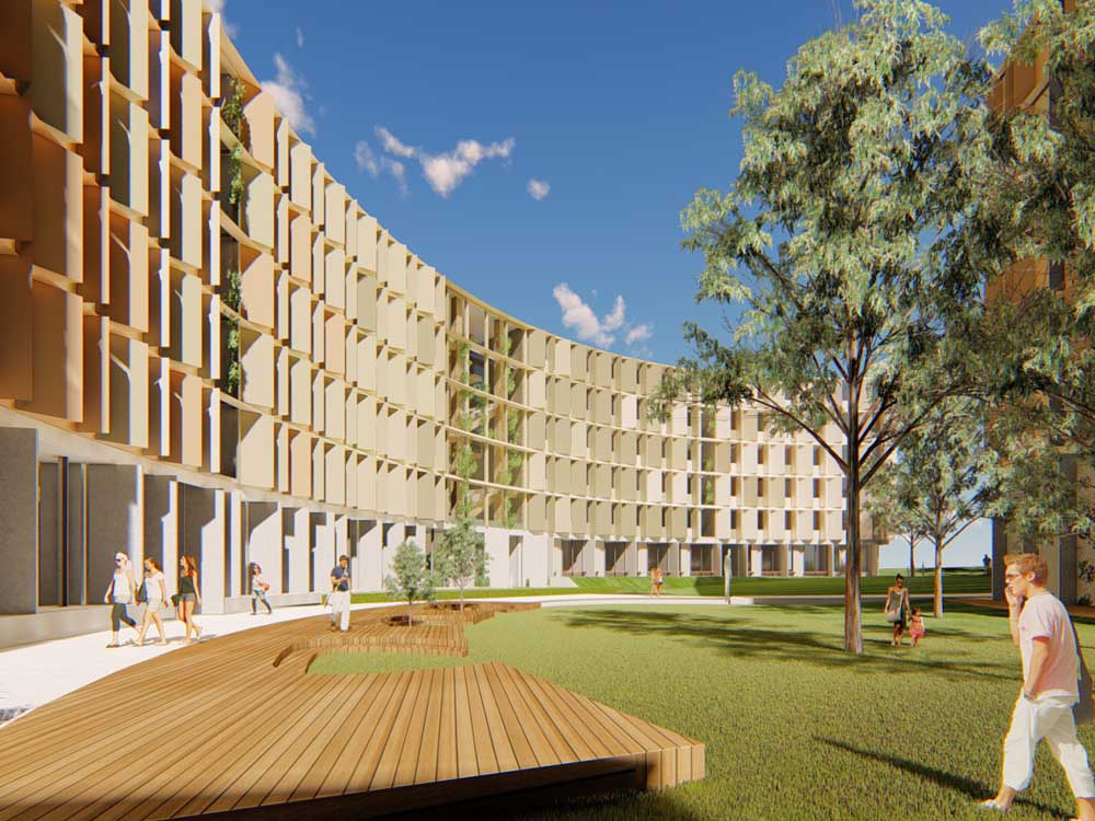 Render of the upcoming student accommodation at La Trobe's Melbourne campus