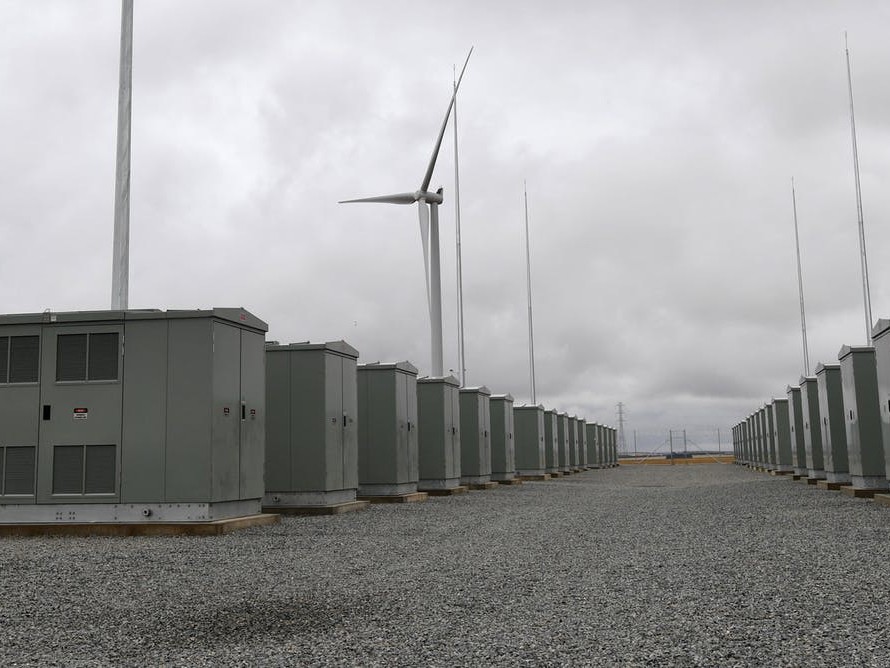 A wide view of the battery station at the launch of Tesla&rsquo;s 100 megawatt lithium-ion battery at Jamestown, north of Adelaide. Image: AAP
