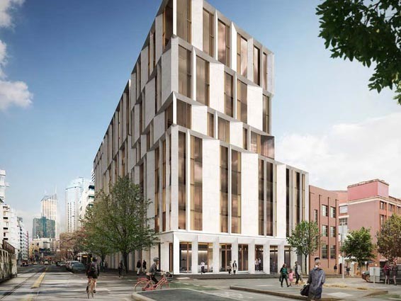 The proposed 14-storey University of Melbourne student accommodation hub would require the demolition of several heritage-protected buildings. Image: Hayball
