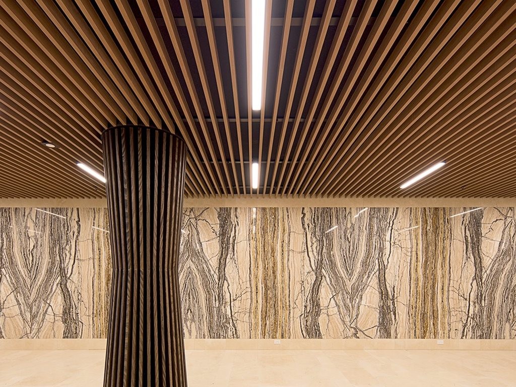 ceiling batten architecture floating battens building lobby luxe warmth injects into elevation melbourne ok