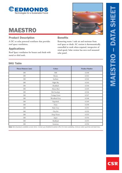 Edmonds Maestro Ventilator Product Sheet