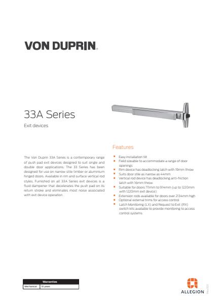Von Duprin 33A Series Exit Devices Product Catalogue 