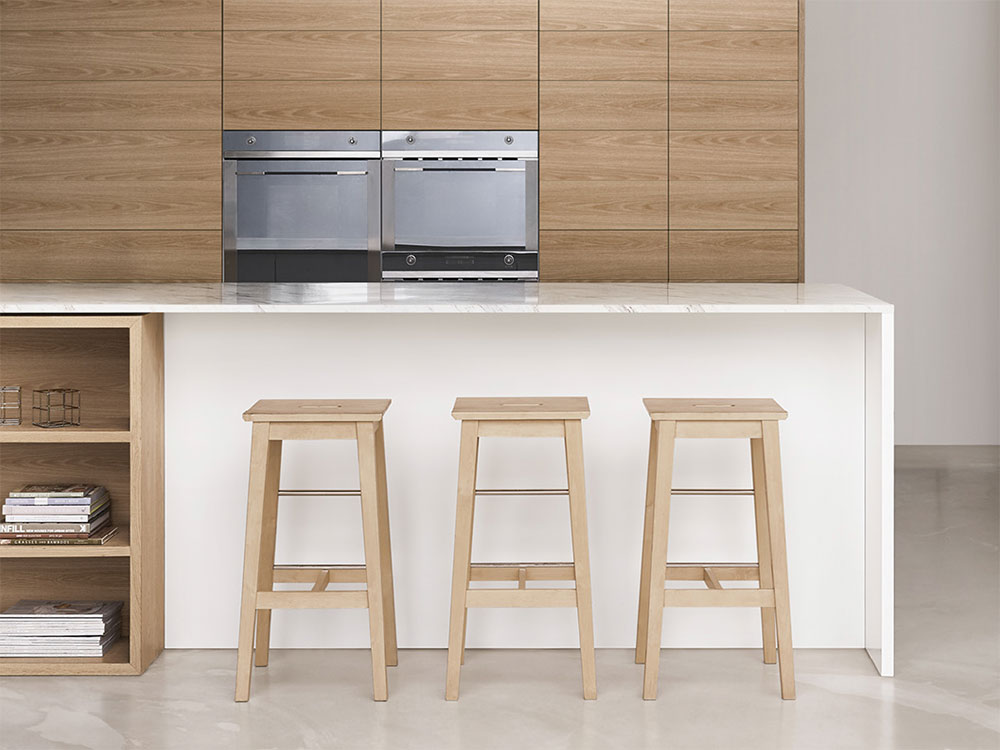 Kitchen interior with laminated decorative surfaces