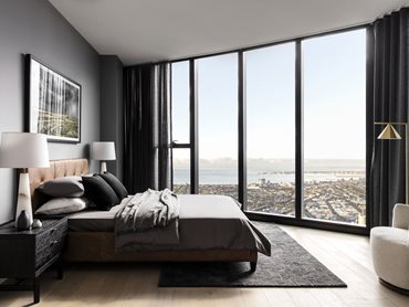 The bedroom - Carr's interiors encouraged personalisation while allowing the precinct’s 360-degree views to take centre-stage