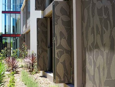 Stunning leaf pattern on the perforated panels at Carrington Assisted Living apartments