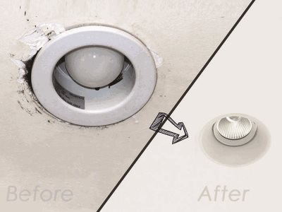 Resizing and flush mounting kits downlights before and after