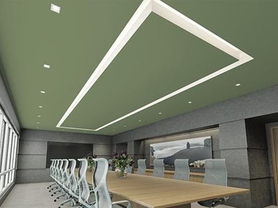 Knauf Boardroom interior featuring green acoustic plasterboard ceiling system