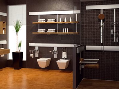 Profilio Smart Bathroom Interior Timber and Dark Tones