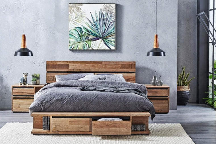 australian king bed contemporary wooden distressed with bookcase storage underneath and side tables