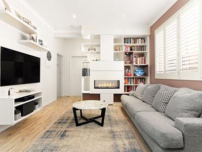 Living room interior with custom made shelves