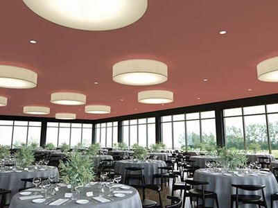 Knauf Restaurant Interior Featuring Salmon Acoustic Plasterboard Ceiling System
