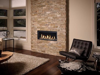 Lopi premium linear gas fireplace in living room interior