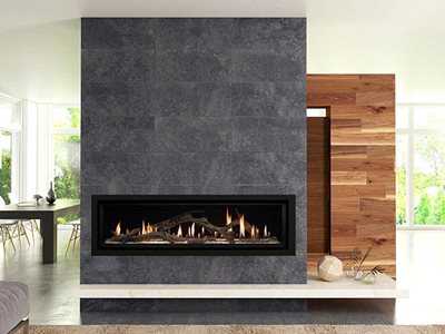 Lopi premium linear gas fireplace in modern residential living room interior