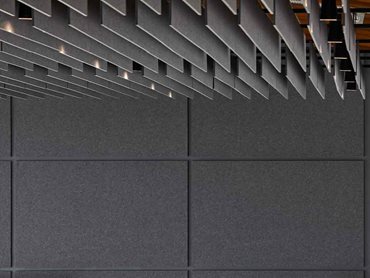 Cube acoustic panels on the walls target the same frequency range as the Frontier acoustic fins, providing extra absorption