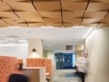 The striking and unique ceiling centrepiece features Imprint Acoustics timber wedge panels