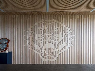 The boardroom wall at West Tigers Centre of Excellence features Maxton Fox joinery 