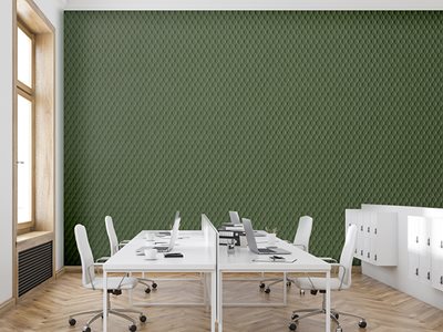 Woven Image Acoustic Embossed Panels Green with Workplace Desk Arrangement