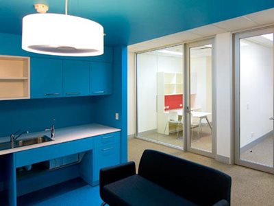 Bris Aluminium shopfront open meeting room spaces with blue interior