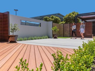 The outside terrace showcases DECO’s DecoClad cladding, slip-resistant DecoDeck decking and DecoSlat fencing and screening