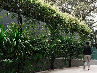 The lush green walls invite people into the busy laneway