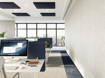 Office interior with acoustic ceiling floor system