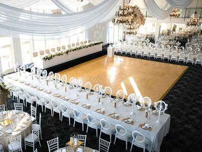 wedding setting tables around dance floor