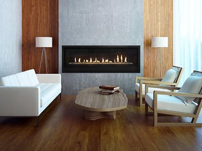 Lopi ProBuilder premium linear gas fireplace in living room interior