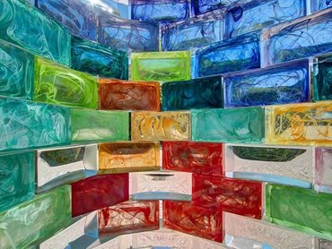 The glass bricks were a mix of clear glass and a palette of 26 colours including blues, greens, pinks, greys and browns 