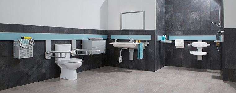Modern accessible bathroom interior with adjustable hardware