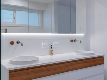 Caroma Elvire bathroom collection was chosen for its rustic Australian timber feature