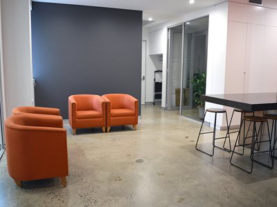 Interior of office reception area with resin flooring 
