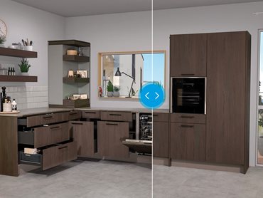 ‘roominspirations’ from Hettich gets graphic: to compare images, the slider can be used to view open and closed furniture solutions. Photo: Hettich