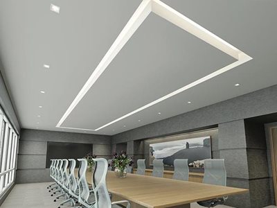 Knauf Boardroom interior featuring gray acoustic plasterboard ceiling system