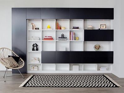 Living room interior with custom made shelf