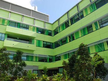 Alpolic/fr custom coloured panels were used on the external façade of Robina Hospital