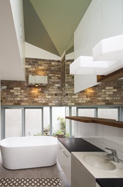 The ground floor bathroom opens onto a small landscaped area at waist height for privacy.  Photography by Brett Boardman