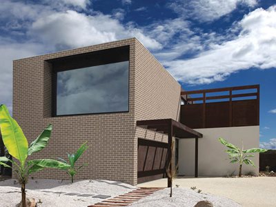 residential facade grey bricks large square window